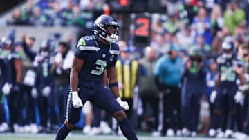 Nov 9, 2025; Seattle, Washington, USA; Seattle Seahawks safety Nick Emmanwori (3) reacts after a defensive stop during the second quarter against the Arizona Cardinals at Lumen Field. 