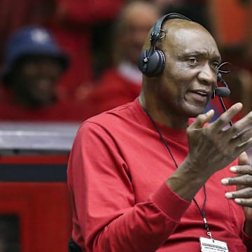 Feb 12, 2015; Houston, TX, USA; NBA former player Elvin Hayes works on a broadcast during the game between the Houston Cougars and the Southern Methodist Mustangs at Hofheinz Pavilion. Mandatory Credit: Troy Taormina-Imagn Images