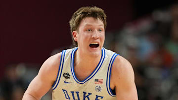 Apr 5, 2025; San Antonio, TX, USA; Duke Blue Devils guard Kon Knueppel (7) controls the ball against the Houston Cougars during the first half in the semifinals of the men's Final Four of the 2025 NCAA Tournament at the Alamodome. Mandatory Credit: Bob Donnan-Imagn Images