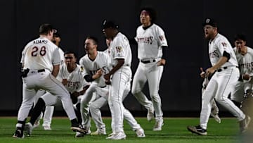 Wisconsin Timber Rattlers' Luke Adams (28) celebrates with teammates after hitting a game-winning single to right field against the Quad Cities River Bandits during their Midwest League playoff baseball game Thursday, September 12, 2024, at Neuroscience Group Field at Fox Cities Stadium in Grand Chute, Wisconsin., Wisconsin. The Rattlers won 7-6 and move on to face Lake County in the Midwest League Championship Series starting Sunday.