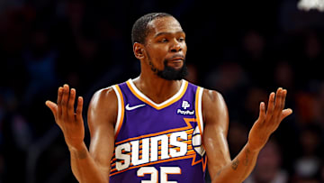 Mar 3, 2024; Phoenix, Arizona, USA; Phoenix Suns forward Kevin Durant (35) reacts to a play during the third quarter of the game against the Oklahoma City Thunder at Footprint Center. Mandatory Credit: Mark J. Rebilas-Imagn Images