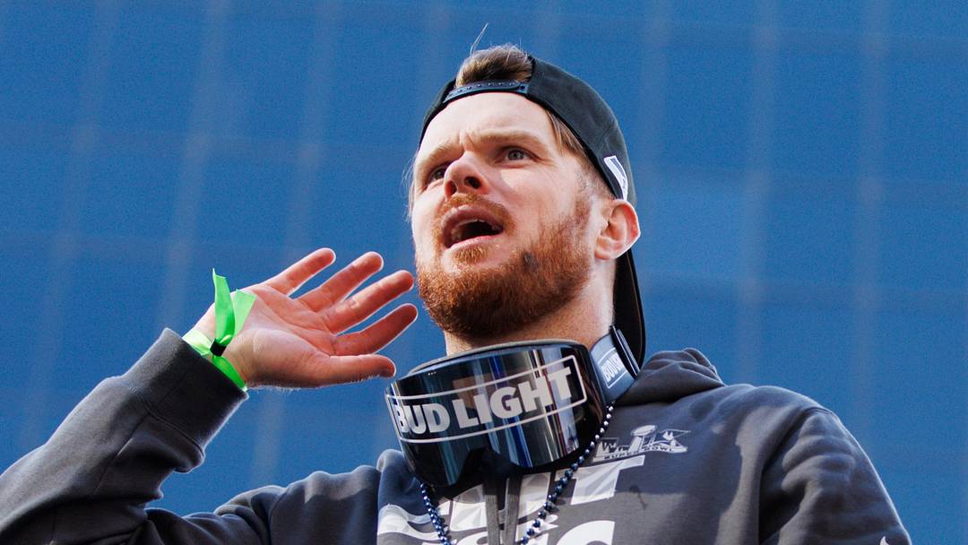 Seattle Seahawks quarterback Sam Darnold reacts during the Super Bowl LX parade