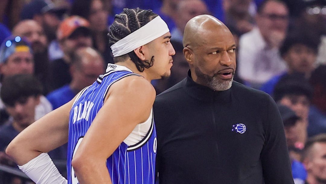 Apr 27, 2026; Orlando, Florida, USA; Orlando Magic head coach Jamahl Mosley talks with guard Anthony Black (0) during the first quarter against the Detroit Pistons during game four of the first round of the 2026 NBA Playoffs at Kia Center. Mandatory Credit: Mike Watters-Imagn Images