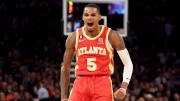 Nov 2, 2022; New York, New York, USA; Atlanta Hawks guard Dejounte Murray (5) reacts after a three point shot against the New York Knicks during the second quarter at Madison Square Garden. Mandatory Credit: Brad Penner-USA TODAY Sports