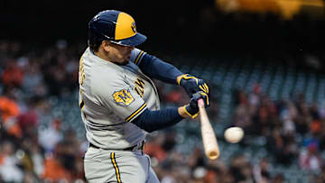 May 5, 2023; San Francisco, California, USA;  Milwaukee Brewers shortstop Willy Adames (27) hits an RBI single against the San Francisco Giants during the first inning at Oracle Park. Mandatory Credit: John Hefti-Imagn Images