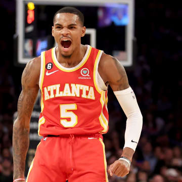 Nov 2, 2022; New York, New York, USA; Atlanta Hawks guard Dejounte Murray (5) reacts after a three point shot against the New York Knicks during the second quarter at Madison Square Garden. Mandatory Credit: Brad Penner-USA TODAY Sports