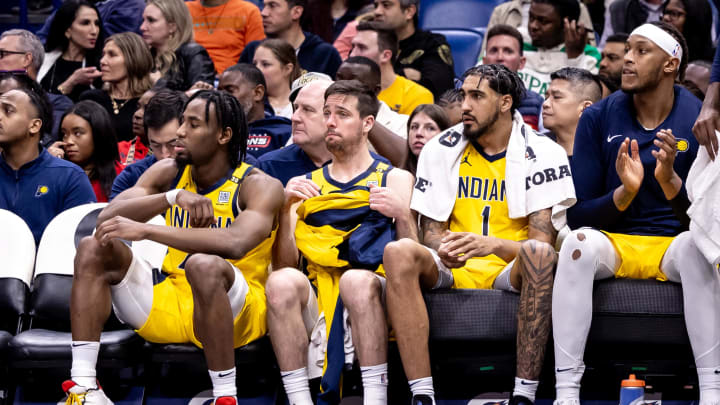 Mar 1, 2024; New Orleans, Louisiana, USA;  Indiana Pacers guard T.J. McConnell (9) and forward Obi Toppin (1) look on from the bench against the New Orleans Pelicans during the second half at Smoothie King Center. Mandatory Credit: Stephen Lew-USA TODAY Sports