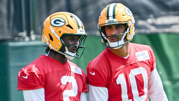 Green Bay Packers quarterbacks Malik Willis and Jordan Love at practice