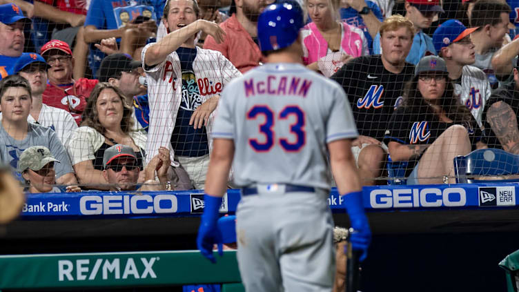 Aug 20, 2022; Philadelphia, Pennsylvania, USA; A Philadelphia Phillies fan heckles New York Mets