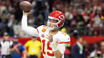 Feb 9, 2025; New Orleans, LA, USA;  Kansas City Chiefs quarterback Patrick Mahomes (15) against the Philadelphia Eagles in Super Bowl LIX at Ceasars Superdome. Mandatory Credit: Mark J. Rebilas-Imagn Images