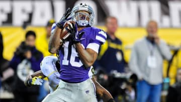 Dec 28, 2013; Tempe, AZ, USA; Kansas State Wildcats wide receiver Tyler Lockett (16) drops a pass in the end zone during the second half against the Michigan Wolverines in the Buffalo Wild Wings Bowl at Sun Devil Stadium. Mandatory Credit: Matt Kartozian-USA TODAY Sports