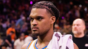 Apr 9, 2025; Phoenix, Arizona, USA; Oklahoma City Thunder forward Dillon Jones (3) against the Phoenix Suns at Footprint Center. Mandatory Credit: Mark J. Rebilas-Imagn Images