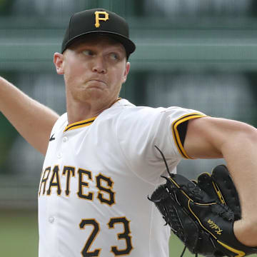 Sep 26, 2024; Pittsburgh, Pennsylvania, USA; Pittsburgh Pirates starting pitcher Mitch Keller (23) delivers a pitch  against the Milwaukee Brewers during the first inning at PNC Park. Mandatory Credit: Charles LeClaire-Imagn Images
