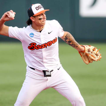 Oregon State infielder Aiva Arquette throws the ball toward first base during the game against Saint Mary’s in the NCAA Corvallis Regional on Friday, May 30, 2025 at Goss Stadium at Coleman Field in Corvallis, Ore.