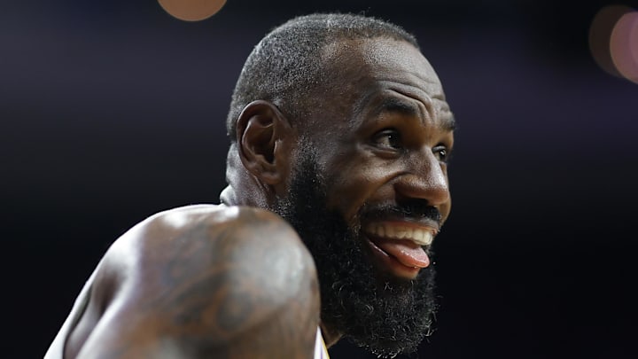 Los Angeles Lakers forward Lebron James (23) reacts  (Mandatory Credit: Bill Streicher-Imagn Images)