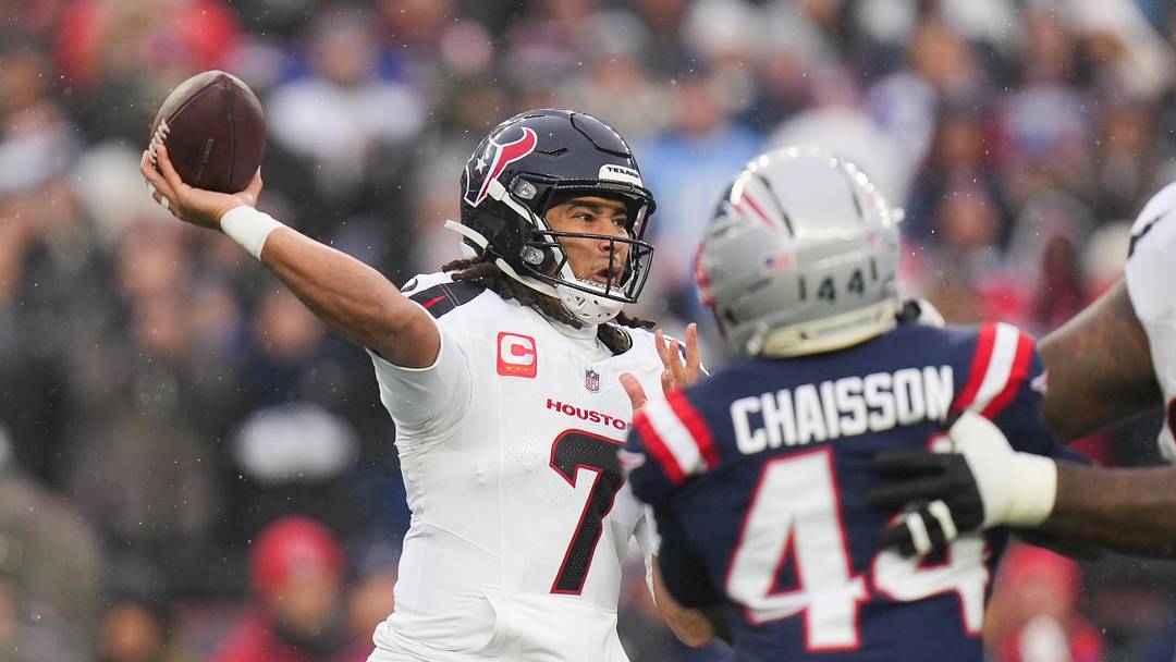 Jan 18, 2026; Foxborough, MA, USA; Houston Texans quarterback C.J. Stroud (7) throws in the first quarter in an AFC Divisional Round game against the New England Patriots at Gillette Stadium. Mandatory Credit: David Butler II-Imagn Images