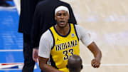 Myles Turner, now a member of the Bucks, reacts during the 2025 NBA Finals.