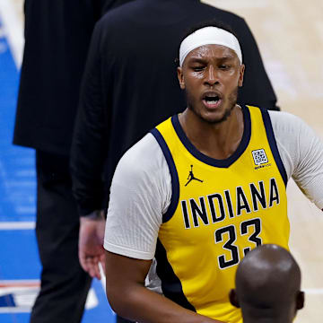 Myles Turner, now a member of the Bucks, reacts during the 2025 NBA Finals.