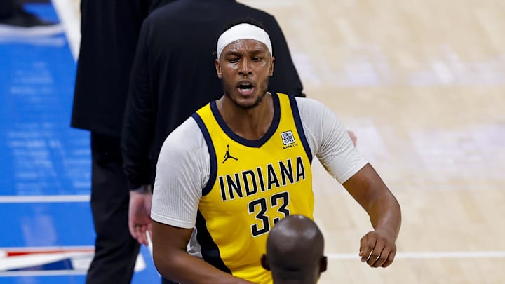 Myles Turner, now a member of the Bucks, reacts during the 2025 NBA Finals.