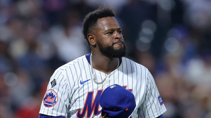 New York Mets starting pitcher Luis Severino (40) reacts as he walks off the field after the top of the sixth inning against the Miami Marlins.