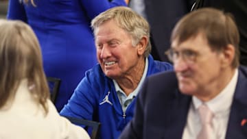 Former coach Steve Spurrier listens before a press conference with new UF head football coach Jon Sumrall at the James W. “Bill” Heavener Football Training Center in Gainesville, FL on Monday, December 1, 2025. [Alan Youngblood/Gainesville Sun]