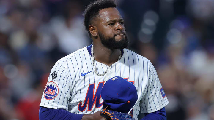 Jun 13, 2024; New York City, New York, USA; New York Mets starting pitcher Luis Severino (40) reacts as he walks off the field after the top of the sixth inning against the Miami Marlins at Citi Field. Mandatory Credit: Brad Penner-USA TODAY Sports
