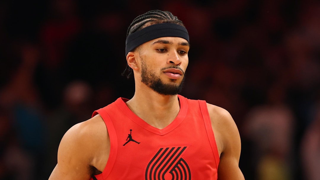 Feb 22, 2026; Phoenix, Arizona, USA; Portland Trail Blazers forward Toumani Camara (33) against the Phoenix Suns at Mortgage Matchup Center. Mandatory Credit: Mark J. Rebilas-Imagn Images