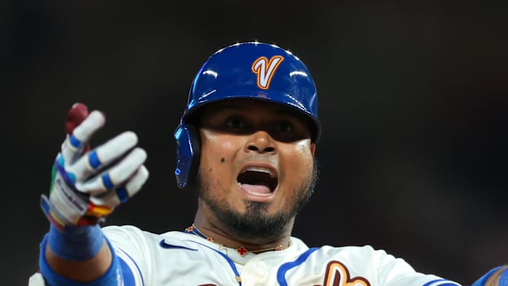 Mar 7, 2026; Miami, FL, United States; Venezuela first baseman Luis Arraez (2) celebrates after hitting a home run against Israel during the fifth inning at loanDepot Park. Mandatory Credit: Sam Navarro-Imagn Images