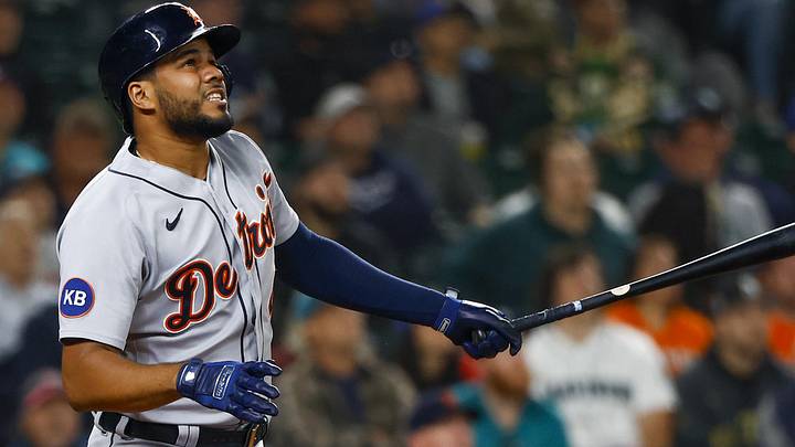 Former Detroit Tigers designated hitter Jeimer Candelario (46) hits an RBI-sacrifice fly against the Seattle Mariners during the third inning at T-Mobile Park.