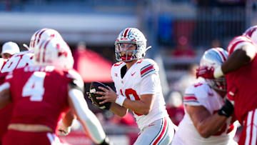 Ohio State Buckeyes quarterback Julian Sayin (10) looks to pass against the Wisconsin Badgers in the first half at Camp Randall Stadium on Saturday, Oct. 18, 2025 in Madison, Wisconsin.