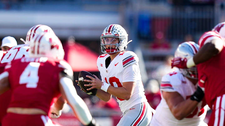 Ohio State Buckeyes quarterback Julian Sayin (10) looks to pass against the Wisconsin Badgers in the first half at Camp Randall Stadium on Saturday, Oct. 18, 2025 in Madison, Wisconsin.