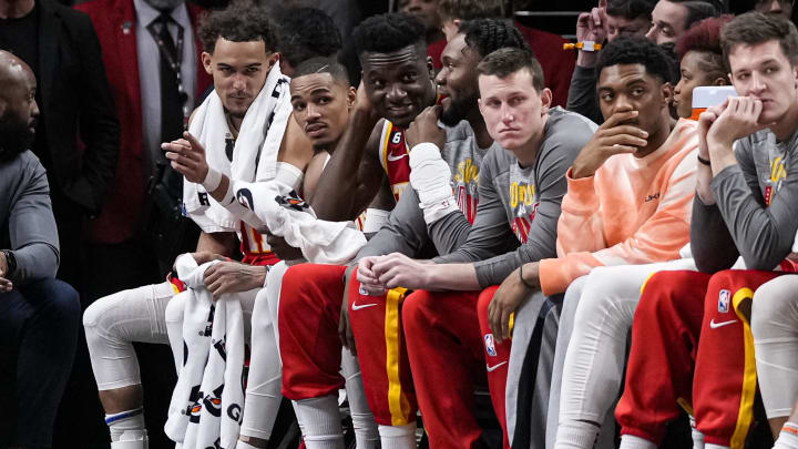 Mar 3, 2023; Atlanta, Georgia, USA; The Atlanta Hawks bench shown near the end of the game against the Portland Trail Blazers during the second half at State Farm Arena. Mandatory Credit: Dale Zanine-USA TODAY Sports