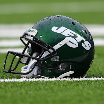 Dec 29, 2019; Orchard Park, New York, USA; General view of a New York Jets helmet prior to the game against the Buffalo Bills at New Era Field. Mandatory Credit: Rich Barnes-Imagn Images