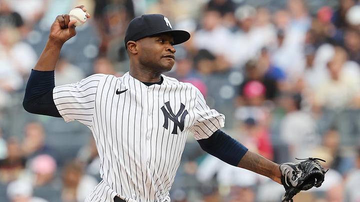 Jul 25, 2023; Bronx, New York, USA; New York Yankees starting pitcher Domingo German (0) delivers a pitch during the first inning against the New York Mets at Yankee Stadium. Mandatory Credit: Vincent Carchietta-USA TODAY Sports