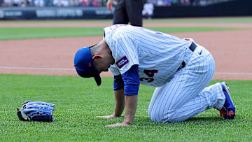 Jun 12, 2025; New York City, New York, USA; New York Mets starting pitcher Kodai Senga (34) reacts after sustaining an injury during the sixth inning against the Washington Nationals at Citi Field. Mandatory Credit: Brad Penner-Imagn Images
