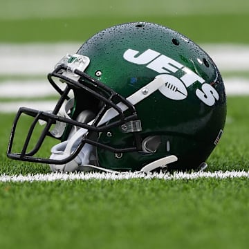 Dec 29, 2019; Orchard Park, New York, USA; General view of a New York Jets helmet prior to the game against the Buffalo Bills at New Era Field. Mandatory Credit: Rich Barnes-Imagn Images