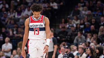 Jan 19, 2025; Sacramento, California, USA; Washington Wizards guard Jordan Poole (13) walks back to the bench after a time out was called during the second quarter of the game against the Sacramento Kings at Golden 1 Center. Mandatory Credit: Ed Szczepanski-Imagn Images