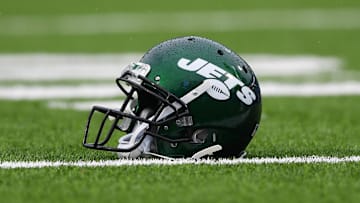 Dec 29, 2019; Orchard Park, New York, USA; General view of a New York Jets helmet prior to the game against the Buffalo Bills at New Era Field. Mandatory Credit: Rich Barnes-Imagn Images