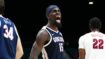 Gonzaga Bulldogs forward Graham Ike (15) reacts during the first half against the Alabama Crimson Tide in a 2025 Players Era Festival group play game at MGM Grand Garden Arena.