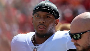 Sep 29, 2024; Tampa, Florida, USA; Tampa Bay Buccaneers linebacker SirVocea Dennis (8) Mandatory Credit: Kim Klement Neitzel-Imagn Images