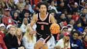 Dec 21, 2024; Newark, New Jersey, USA; Princeton Tigers guard Xaivian Lee (1) dribbles the ball against the Rutgers Scarlet Knights during the second half at Prudential Center. 