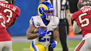 Nov 23, 2025; Inglewood, California, USA; Los Angeles Rams running back Kyren Williams (23) carries the ball against the Tampa Bay Buccaneers during the second half at SoFi Stadium. Mandatory Credit: Jayne Kamin-Oncea-Imagn Images