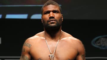 Rampage Jackson stands on the scale during weigh-ins for UFC 186 at Metropolis. 