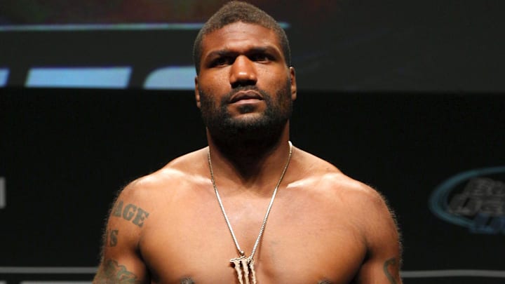 Rampage Jackson stands on the scale during weigh-ins for UFC 186 at Metropolis. 