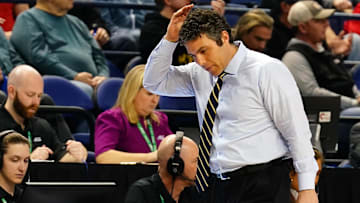Georgia Tech Yellow Jackets head coach Josh Pastner reacts against the Pittsburgh Panthers during the first half of the second round of the ACC tournament at Greensboro Coliseum. Mandatory Credit: John David Mercer-Imagn Images