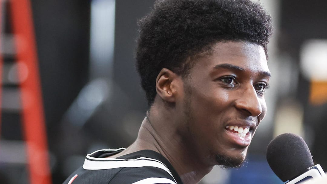 Sep 23, 2025; Brooklyn, NY, USA;  Brooklyn Nets guard Drake Powell (4) at Media Day.  Mandatory Credit: Wendell Cruz-Imagn Images