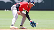 Jul 12, 2025; Atlanta, GA, USA;  American League infielder Kevin McGonigle (21) of the Detroit Tigers warms up before the game against the National League at Truist Park.