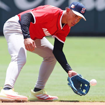 Jul 12, 2025; Atlanta, GA, USA;  American League infielder Kevin McGonigle (21) of the Detroit Tigers warms up before the game against the National League at Truist Park.