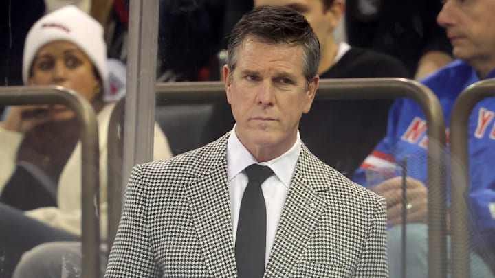 Jan 5, 2026; New York, New York, USA; New York Rangers head coach Mike Sullivan coaches against the Utah Mammoth during the first period at Madison Square Garden. Mandatory Credit: Brad Penner-Imagn Images
