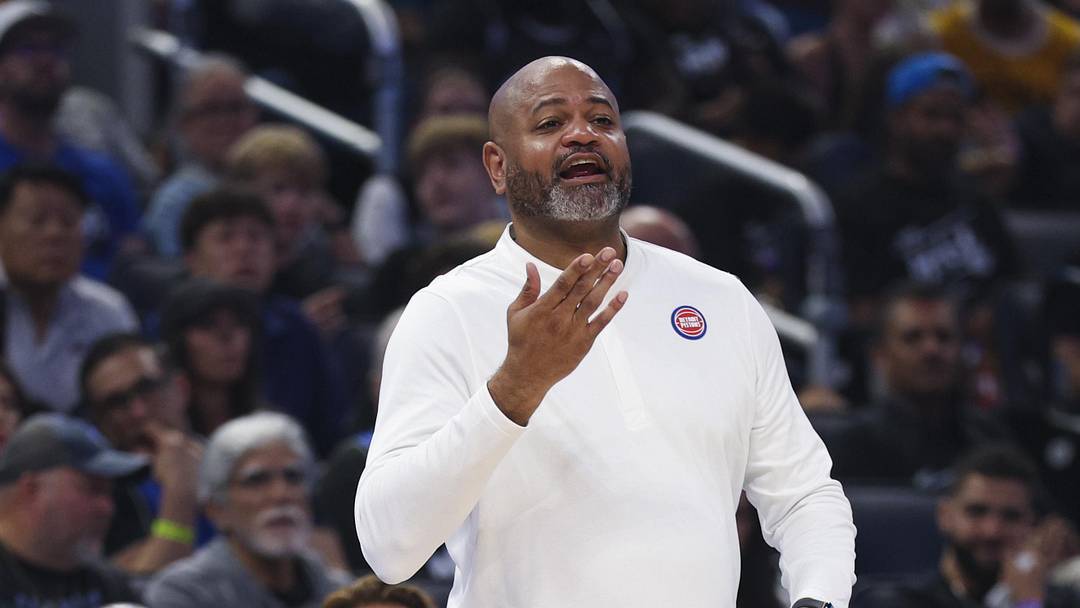 Apr 25, 2026; Orlando, Florida, USA; Detroit Pistons head coach J.B. Bickerstaff directs the team against the Orlando Magic in the third quarter during game three of the first round of the 2026 NBA Playoffs at Kia Center. Mandatory Credit: Nathan Ray Seebeck-Imagn Images